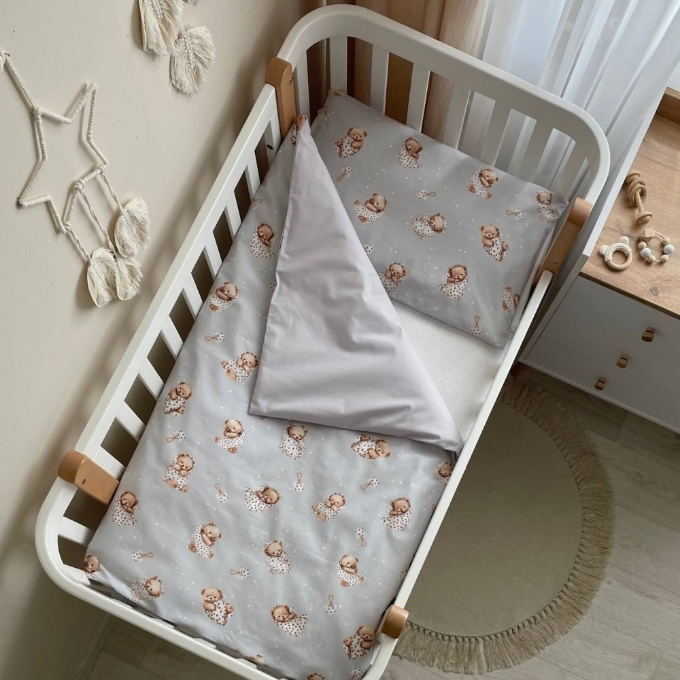 Set lenjerie de schimb pentru patut bebe 3 piese Mix ursulet gri (3)